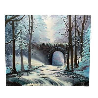 #ad winter painting landscape signed La creek rock bridge snow canvas 24x20quot; READ $165.00
