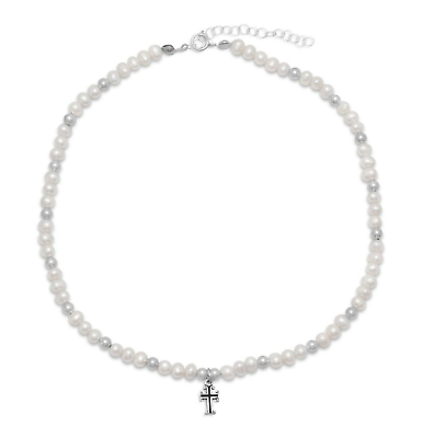 #ad Women#x27;s White Cultured Freshwater Pearl Beaded Cross Pendant 925 Silver Necklace $127.50