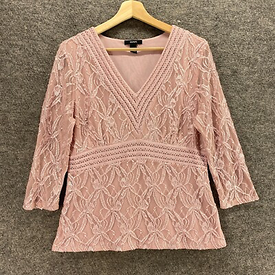 #ad Alfani Blouse Women L Large Pink Floral V Neck 3 4 Sleeve Pullover Nylon Casual $13.59