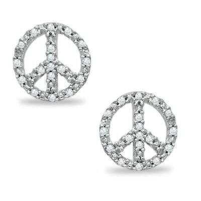 #ad Peace Sign Stud Earrings Diamond Accent 14K White Gold Plated Silver 1 10 CT $79.49