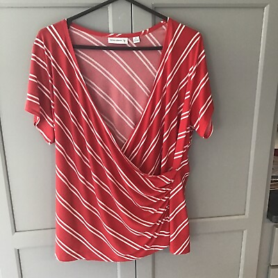 #ad Susan Graver Poly Blend Striped Faux Wrap Short Sleeve top Size 1X Red White $29.99