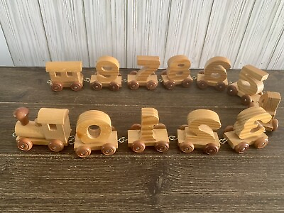 #ad Vintage Wooden Train Set 12 Piece Numbers 0 9 with Engine and Caboose $19.75
