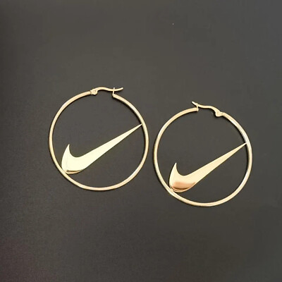 #ad Nike Swoosh Gold Plated Metal Hoops Clasp Earrings Pair For Women Hoop $19.95