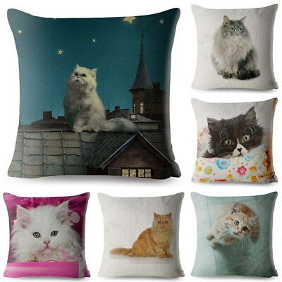 #ad Cat Cotton Linen Sofa Persian Throw Cushion Covers Print Square Home Cute Pillow $7.76
