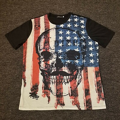 #ad USA Flag Shirt Mens 2XL Multicolor American Skull Graphic Hequ XXL Stretch Tee $7.99