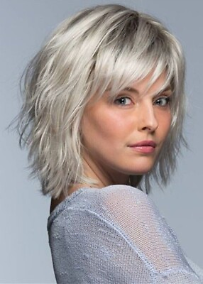 #ad #ad 100% Human Hair New Women#x27;s Short Silver Gray Straight Full Wigs 12 Inch Perücke $27.99