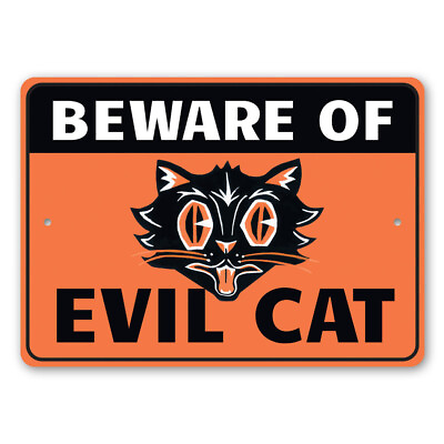 #ad Beware of Evil Cat Halloween Sign for cat Owners Cat Lovers Metal Sign $74.25