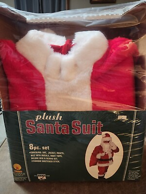 #ad Plush Santa Claus Suit NIP 8 Pc. Set Hat Jacket Pants Belt Boot Tops Wig Beard $59.95