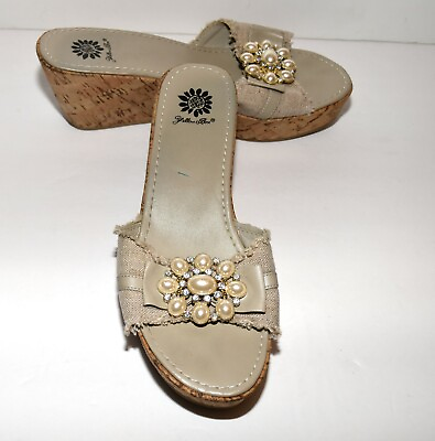 #ad Yellow Box Maryland Beige Fringed Rhinestones Faux Pearls Cluster Sandals 8.5M $24.99