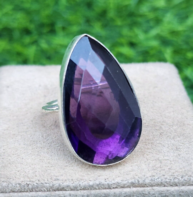 #ad Solid 925 Sterling Silver Natural Amethyst Pear Cut Gemstone Women Ring H80 $10.99