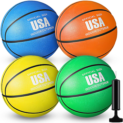#ad 4 Pack Official Size Rubber Basketballs with Pump Indoor Outdoor School Baske $68.99