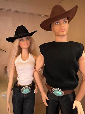 #ad Handmade for Barbie or Ken Black or Brown Cowboy Hat and Turquoise Buckle Belt $16.00