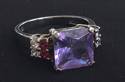 #ad VTG Premium Emerald Cut Purple Amethyst amp; CZ Accents Sterling Silver Size 9 Ring $34.95