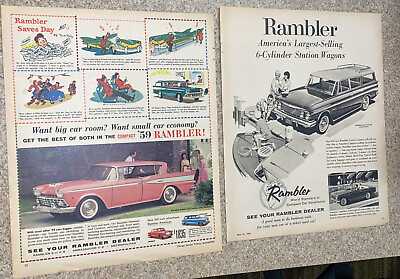 #ad 2 LOT Print ADS Vintage Rambler 1959 Pink 1961 Wagon Lark Studebaker MCM Prop $13.99
