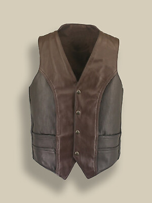 #ad Mens 2 Tone Brown Vintage Leather Button Closure Biker Vest DBV116 $128.70