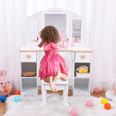 #ad Kids Vanity Table and Stool Set w Drawer Dressing Mirror Girls Playset Gifts US $107.99