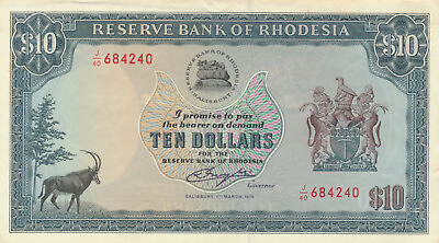 #ad RHODESIA $10 DOLLARS 1976 PICK# 37A EF C $99.95