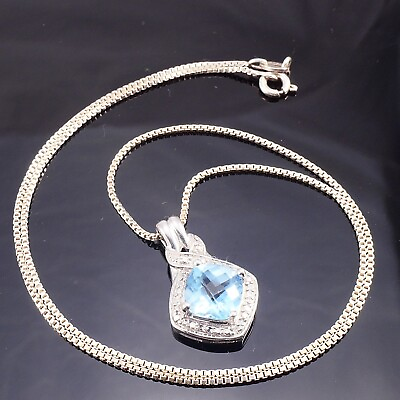 #ad Sterling Silver Diamond Accent 1.15 Ct Cushion Aquamarine Pendant Necklace 16quot; $85.00