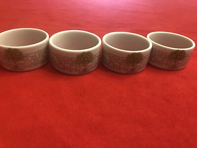 #ad Lot of 4 Ceramic Napkin Rings Round Green Tree Gold $7.50