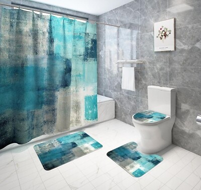 #ad Simple Blue Abstract Bathroom Carpet Absorbent Rug Set Shower Curtain with Hooks $70.54