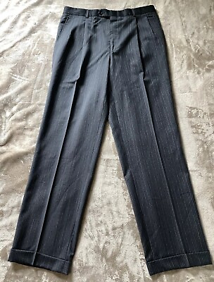 #ad Burberry London Men#x27;s Pleated With Cuffs Dress Pants 34X32 Dark Grey Pinstriped $19.99