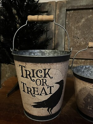 #ad Crow Raven Trick or Treat Primitive Halloween Metal Bucket w wood Bail Handle $22.50