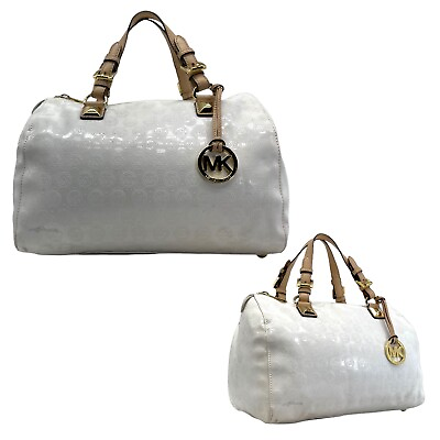 #ad MICHAEL KORS Large Embossed Patent Satchel Bag GRAYSON Handbag Monogram WHITE $199.99