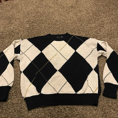 #ad vtg structure sweater mens XL cotton blend crochet heavy navy blue white a33 $7.75