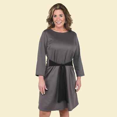 #ad TAMSY Grey Solid Pattern Round Neck Midi Drop Waist Long Sleeve Women Dress XL $30.48