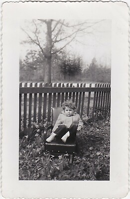 #ad Vintage Found Photo Kid Sits In Platform Rocker Warm Jacket By Pickett Fence $5.99