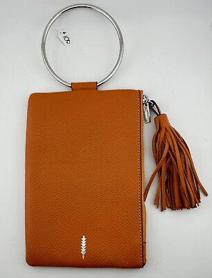 #ad Thacker NYC Nolita Orange Leather Clutch Purse With Shiny Nickel Ring Handle ￼ $65.00