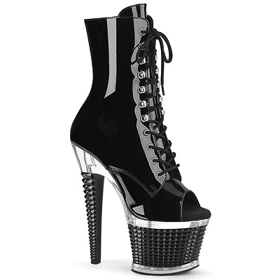 #ad PLEASER 7quot; Heel Textured Platform Open Toe Lace Up Black Patent Ankle Boots $93.95