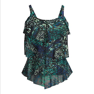 #ad Del Raya Womens Sea Spray Ruffle Tankini Swimsuit Top Size 10 Black Green $12.00