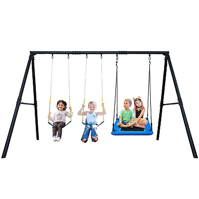 #ad 600lb Metal Swing Set with Three Swing Heavy Duty Kids Playset Backyard Swingset $305.40