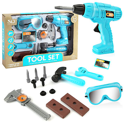 #ad 14Pcs Set Kids Power Drill Toy Kit Accessories with Hammer Goggles Caliper ao $18.99