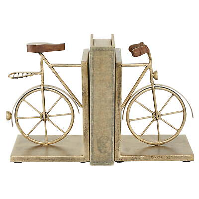 #ad 7quot; Bike Gold Metal Bookends with Wood Accents Set of 2 $25.10