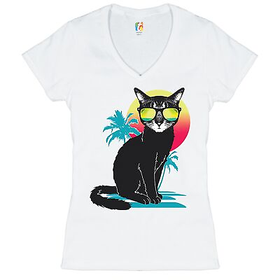 #ad Cool Summer Cat Women#x27;s V Neck T shirt Neon Kitty on a Beach Animal Lovers Tee $26.95