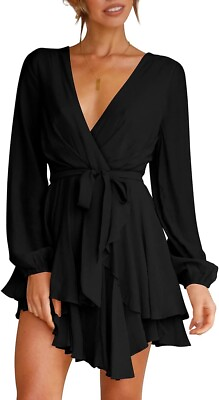 #ad Womens Mini Dress Deep V Neck Long Sleeve Waist Tie Ruffle Mini Black Dress $15.99