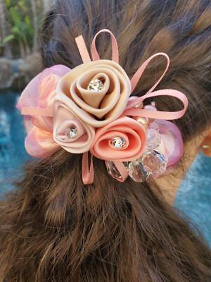 #ad Maya Antonia Luxury Hair Scrunchie Purple Teal Crystal Beads Silk Roses Organza $27.00