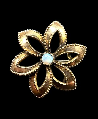 #ad Dainty Antique Plated Brass amp; Opal Star Flower Open Work Pin Brooch C Clasp $28.00