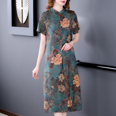 #ad L 5XL Women#x27;s Retro Elegant Short Sleeve Floral Print Mid Long Dresses Faux Silk $70.19