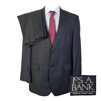 #ad Jos A Bank Gray Windowpane Check Two Piece Suit Mens 43R 38x28 $49.50