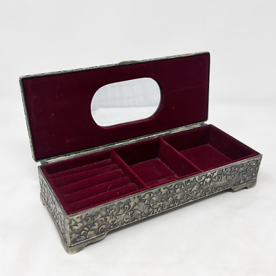 #ad VTG Silver Plated Ornate Filigree Rectangular Jewelry Box Velvet Interior Mirror $38.97