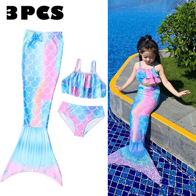 #ad 3Pcs Girls#x27; Mermaid Tail Swimsuit Swimwear Kids Swimmable Fins Monofin Beachwear $13.94