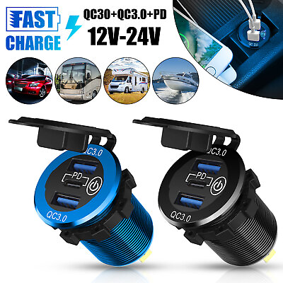 #ad 12V 24V Dual USB QC 3.0 PD Car Fast Charger Socket Power Outlet LED Waterproof $12.48