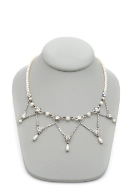 #ad Vintage Necklace Silver Tone Faux Pearl Rhinestone festoon 17.5quot; $16.99