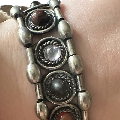 #ad Vintage Sterling? Bracelet Beaded Polished Chunky Stone Silver Tone Unisex 12quot; $26.24