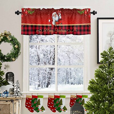 #ad Christmas Red Valance Rod Pocket Panel for Kitchen Bedroom Window Red Santa C... $10.58