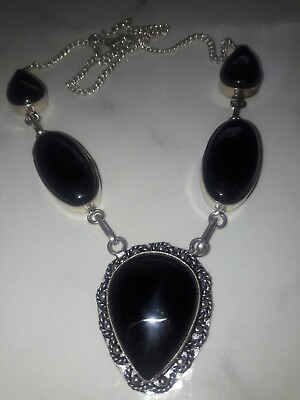 #ad EXQUISITE NEW HUGE GENUINE BLACK ONYX IN ORNATE 925 SILVER AMULET NECKLACE 20quot; $79.99