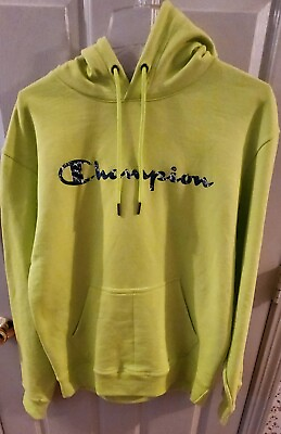 #ad Champion Neon Yellow Pullover Hoodie Hooded Sweatshirt Pockets Mens Medium New $18.94